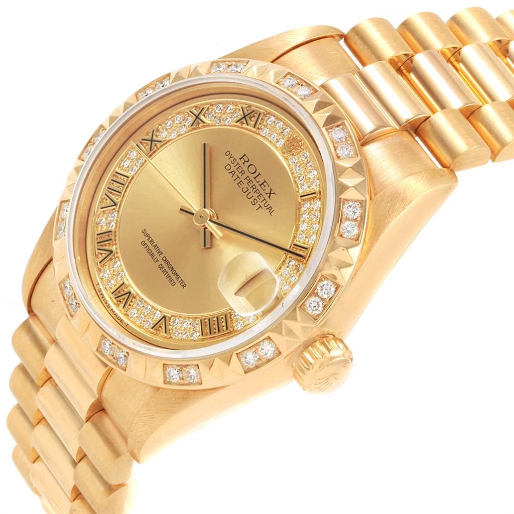 The Rolex President 68258 Women
s Yellow Gold Champagne Dial 68258 Women
s Yellow Gold Champagne Dial model watch is shown at an angled view displaying its face, bezel, crown, and bracelet.