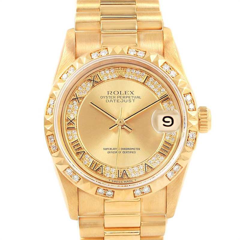Rolex President Midsize Yellow Gold Myriad Diamond Ladies Watch 68258 SwissWatchExpo