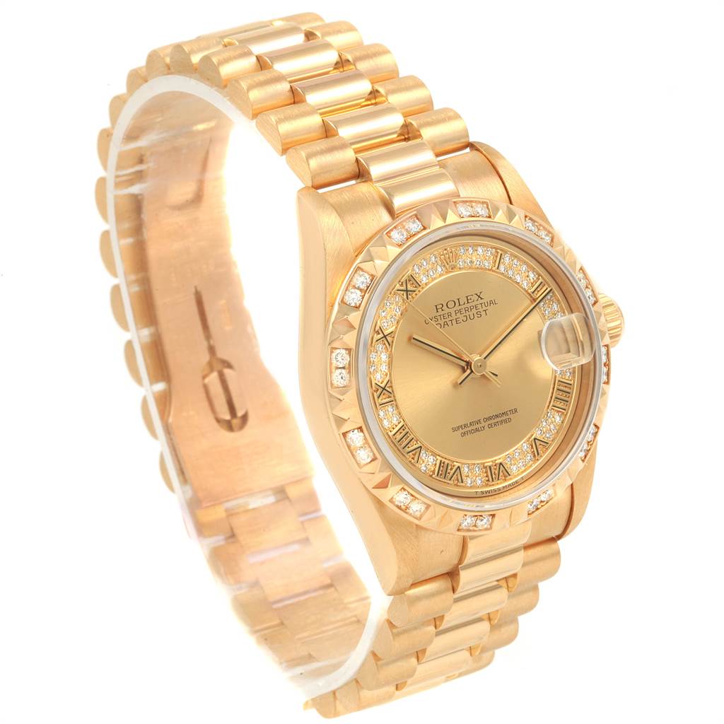 The image shows a side view of a gold Rolex President 68258 Women
s Yellow Gold Champagne Dial 68258 Women
s Yellow Gold Champagne Dial model watch, highlighting its bracelet, diamond-encrusted bezel, and face.
