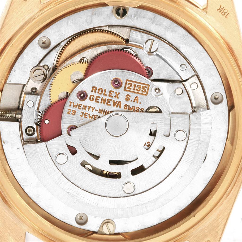 This image shows the movement mechanism of a Rolex President 68258 Women
s Yellow Gold Champagne Dial 68258 Women
s Yellow Gold Champagne Dial model watch from a rear angle.