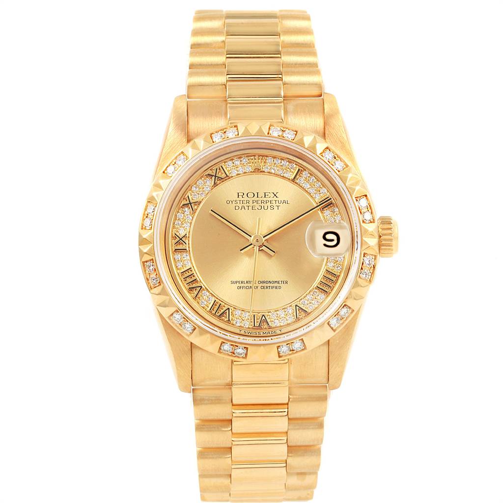 The image shows a front view of a Rolex President 68258 Women
s Yellow Gold Champagne Dial 68258 Women
s Yellow Gold Champagne Dial model watch, featuring the dial, bezel, and bracelet.