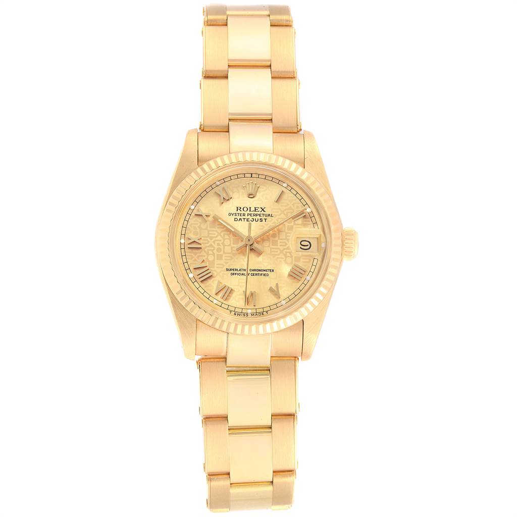 The Rolex President 6827 Women
s Yellow Gold Champagne Dial 6827 Women
s Yellow Gold Champagne Dial model watch is shown from a direct, top-down angle showcasing the face, bezel, and bracelet.