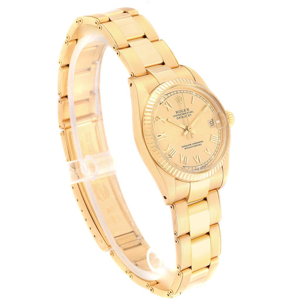The image shows a side angle of the Rolex President 6827 Women
s Yellow Gold Champagne Dial 6827 Women
s Yellow Gold Champagne Dial model watch, highlighting the band, face, and crown.