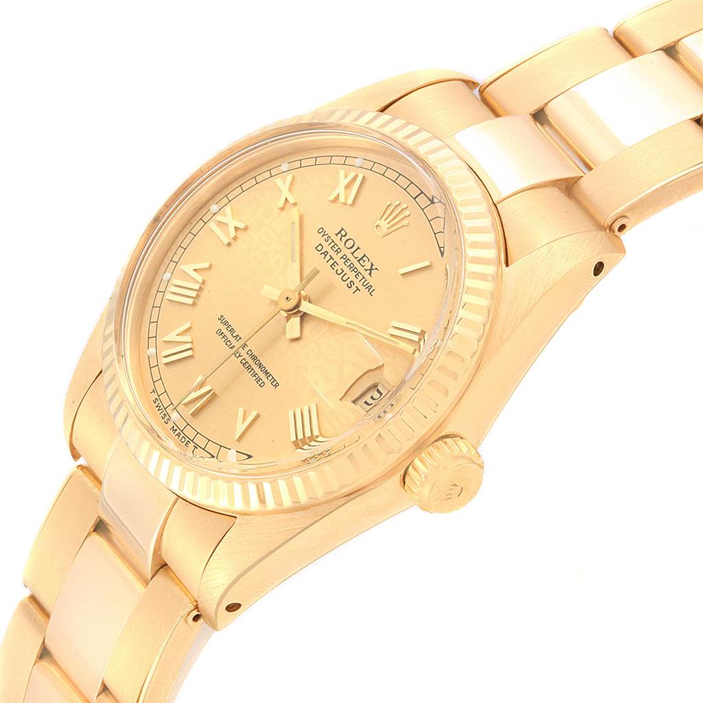This image shows the Rolex President 6827 Women
s Yellow Gold Champagne Dial 6827 Women
s Yellow Gold Champagne Dial watch model at an angle highlighting the dial, crown, bezel, and part of the bracelet.
