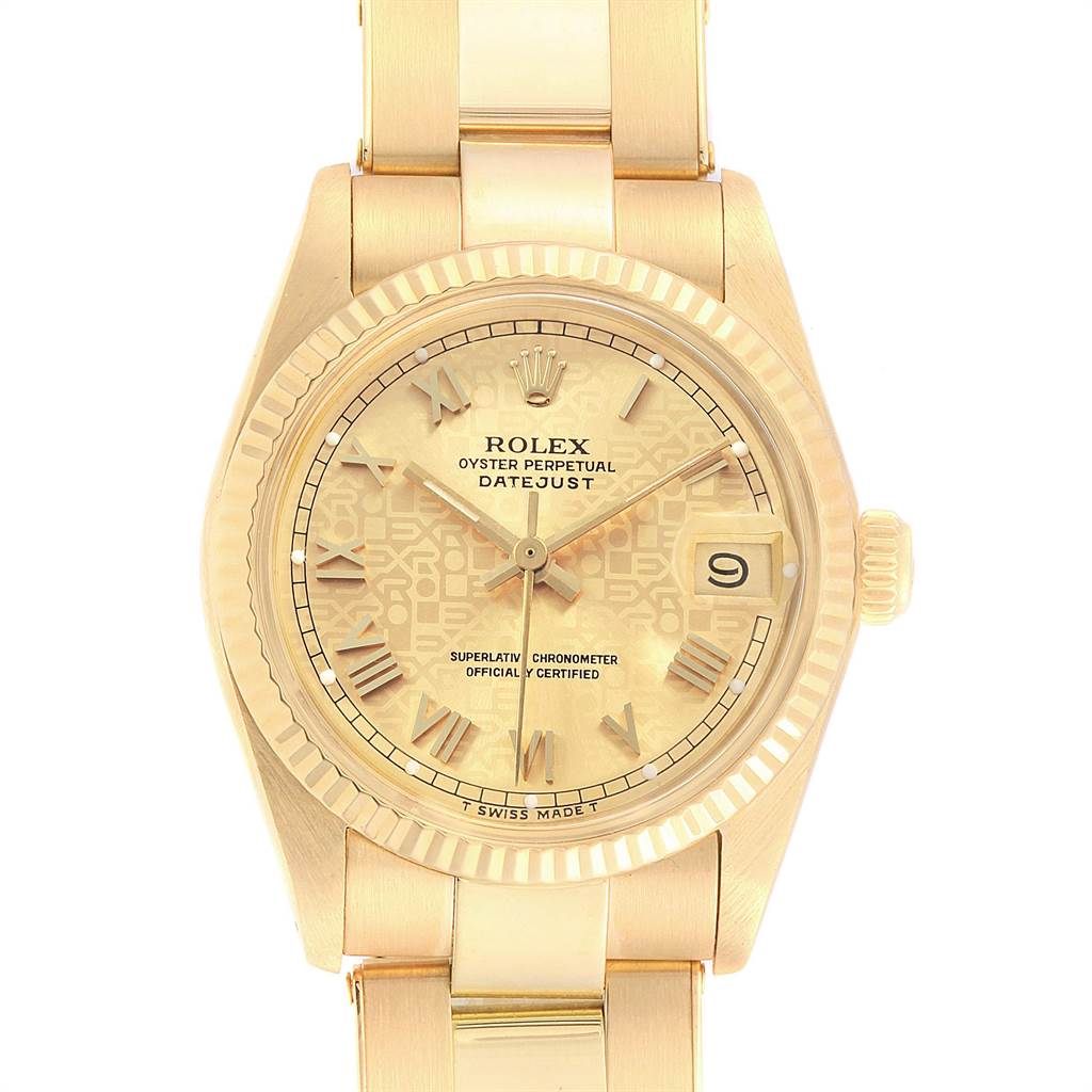 The image shows a Rolex President 6827 Women
s Yellow Gold Champagne Dial 6827 Women
s Yellow Gold Champagne Dial model watch face, including the dial, hands, date window, bezel, and part of the bracelet.
