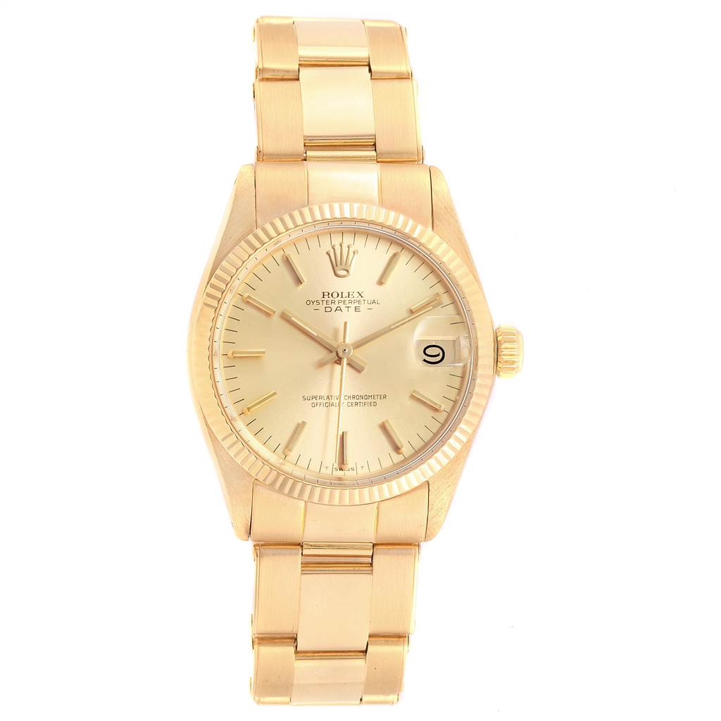 The image shows a Rolex President 6827 Women
s Yellow Gold Champagne Dial 6827 Women
s Yellow Gold Champagne Dial model watch from a top view, highlighting its gold bracelet, dial, and fluted bezel.