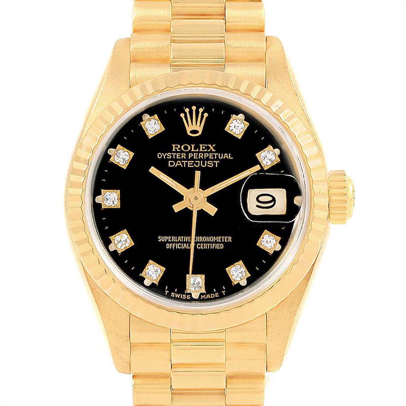 Rolex President Black Diamond Dial Yellow Gold Ladies Watch 69178 SwissWatchExpo