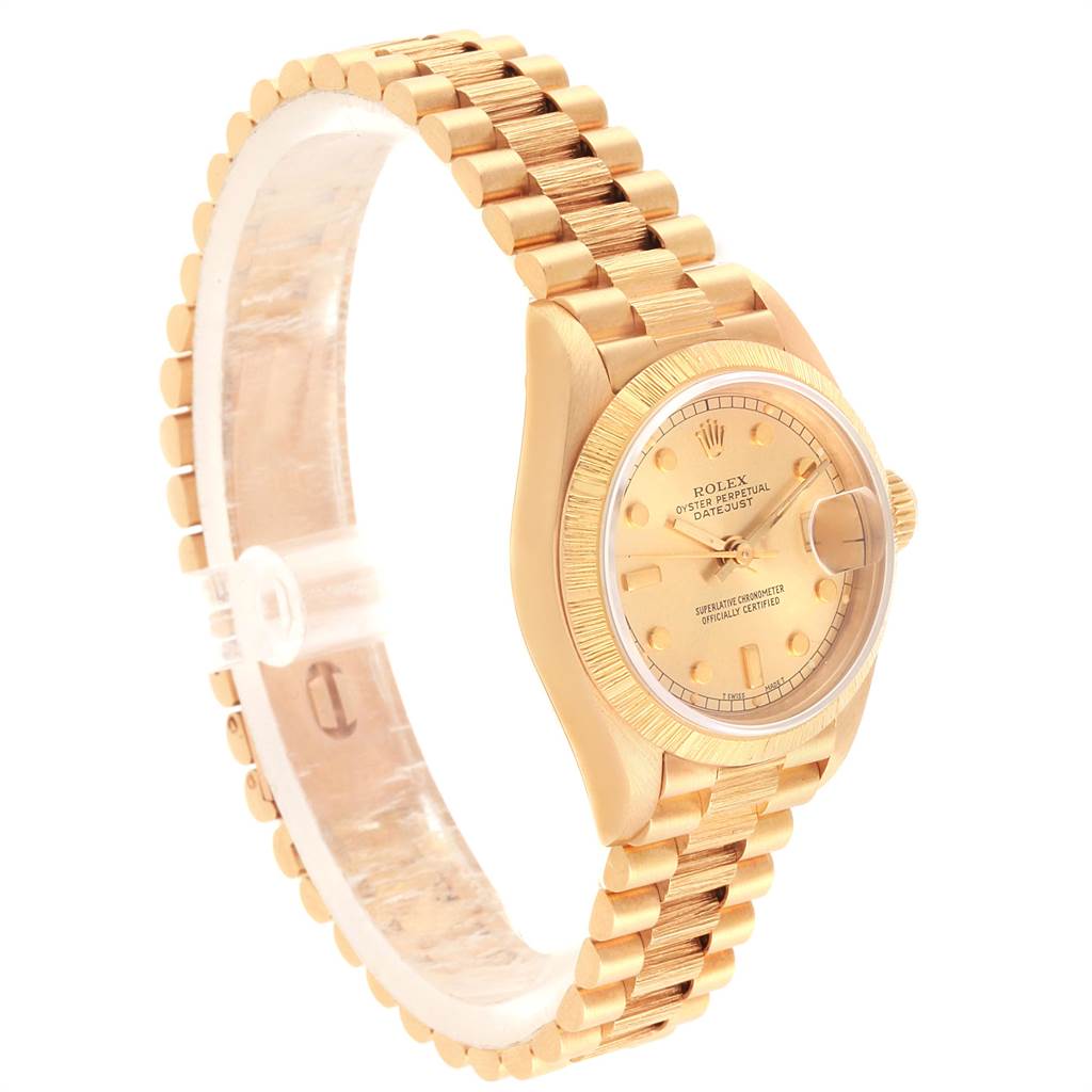 The Rolex President 69278 Women
s Yellow Gold Champagne Dial 69278 Women
s Yellow Gold Champagne Dial model watch is shown at an angle highlighting its face, bezel, and bracelet.