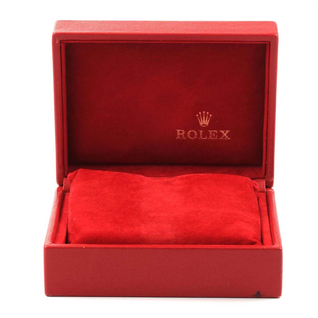 This image shows an empty red Rolex watch box with branded interior, used for the Rolex President 69278 Women
s Yellow Gold Champagne Dial 69278 Women
s Yellow Gold Champagne Dial model.