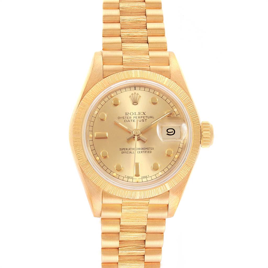 The image shows a gold Rolex President 69278 Women
s Yellow Gold Champagne Dial 69278 Women
s Yellow Gold Champagne Dial model watch viewed from the front, highlighting its face, dial, and bracelet.