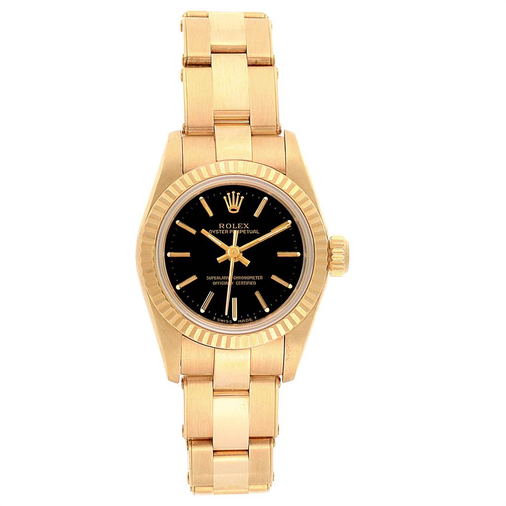 The image shows a front view of a Rolex President 67198 Women
s Yellow Gold Black Dial 67198 Women
s Yellow Gold Black Dial model watch, featuring its face, bezel, crown, and bracelet.