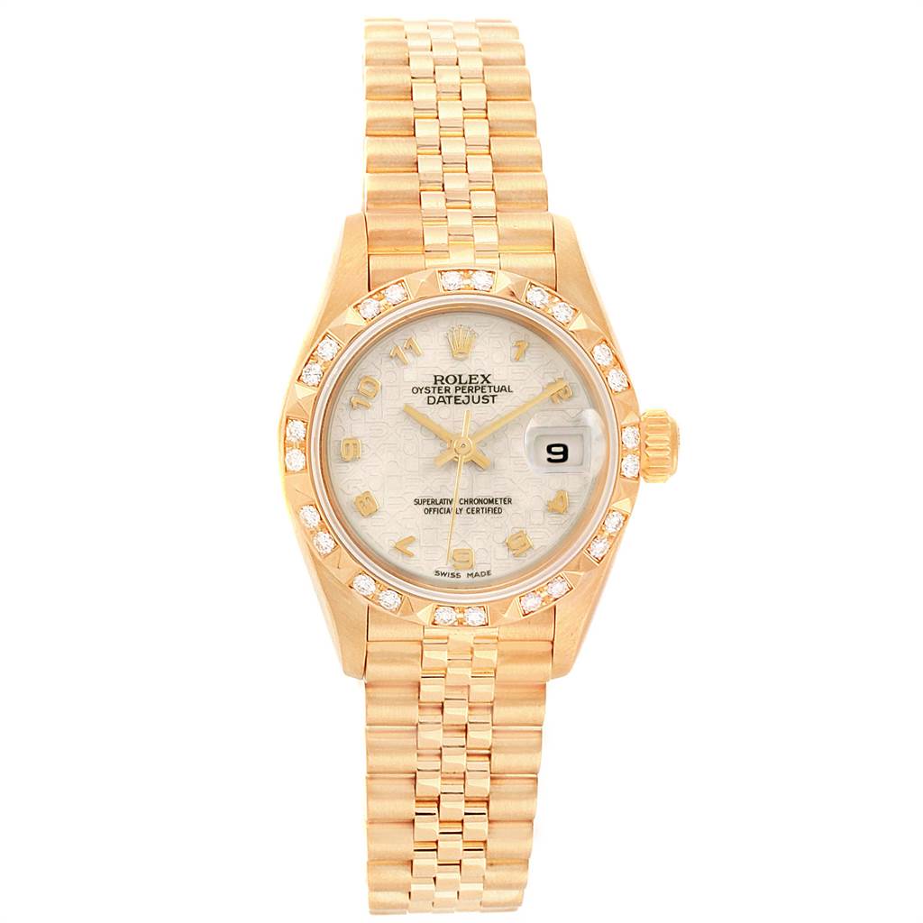 The Rolex President 79258 Women's Yellow Gold Beige Dial 79258 Women's Yellow Gold Beige Dial model watch is shown from a top-down angle, highlighting its face, bracelet, and bezel.