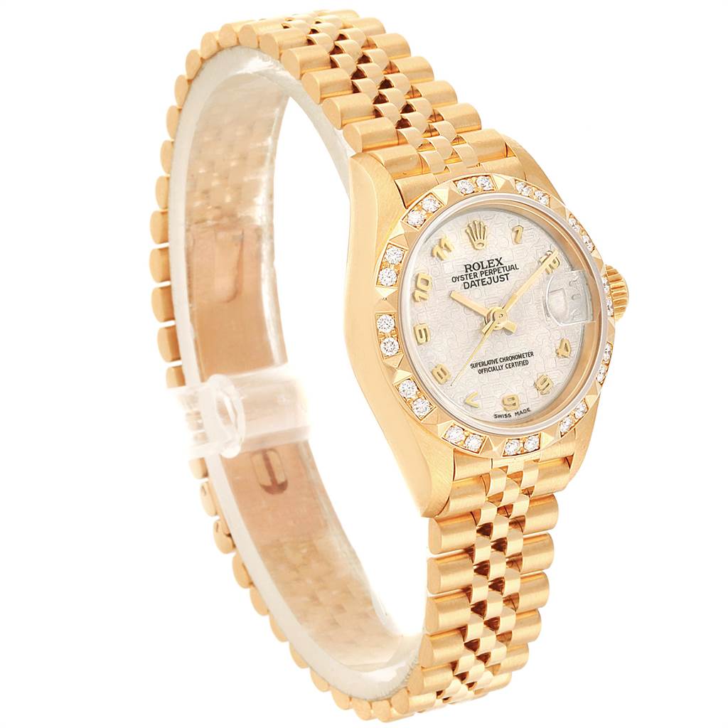 The image shows a Rolex President 79258 Women's Yellow Gold Beige Dial 79258 Women's Yellow Gold Beige Dial model watch from a side angle, highlighting its gold bracelet, diamond bezel, and face.