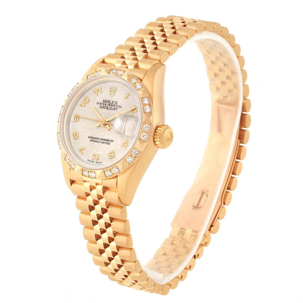 The Rolex President 79258 Women's Yellow Gold Beige Dial 79258 Women's Yellow Gold Beige Dial model is shown at an oblique angle, highlighting the watch face, bezel, crown, and bracelet.