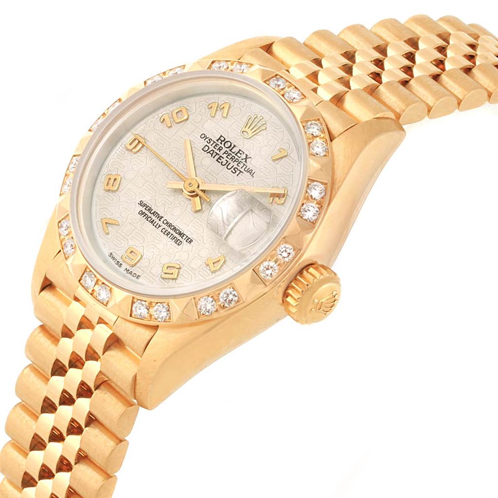 This image shows the Rolex President 79258 Women's Yellow Gold Beige Dial 79258 Women's Yellow Gold Beige Dial model watch from a side angle, displaying the dial, band, and crown.