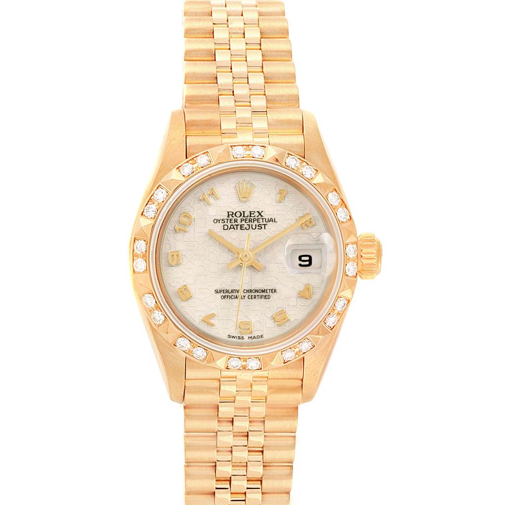 The image shows a front view of the Rolex President 79258 Women's Yellow Gold Beige Dial 79258 Women's Yellow Gold Beige Dial model watch, displaying the face, bezel, and part of the bracelet.