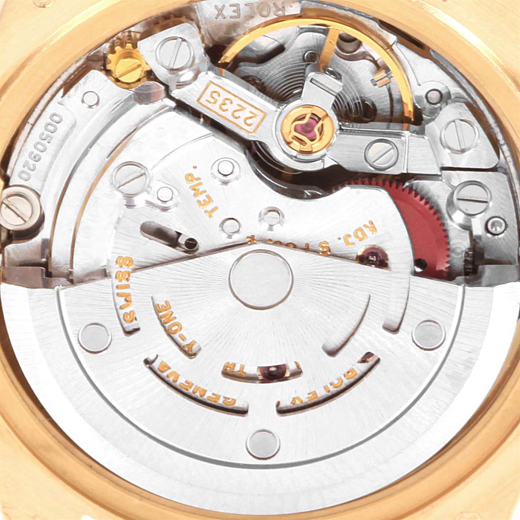 The image shows the internal movement mechanism of the Rolex President 79258 Women's Yellow Gold Beige Dial 79258 Women's Yellow Gold Beige Dial model watch from a close-up angle.