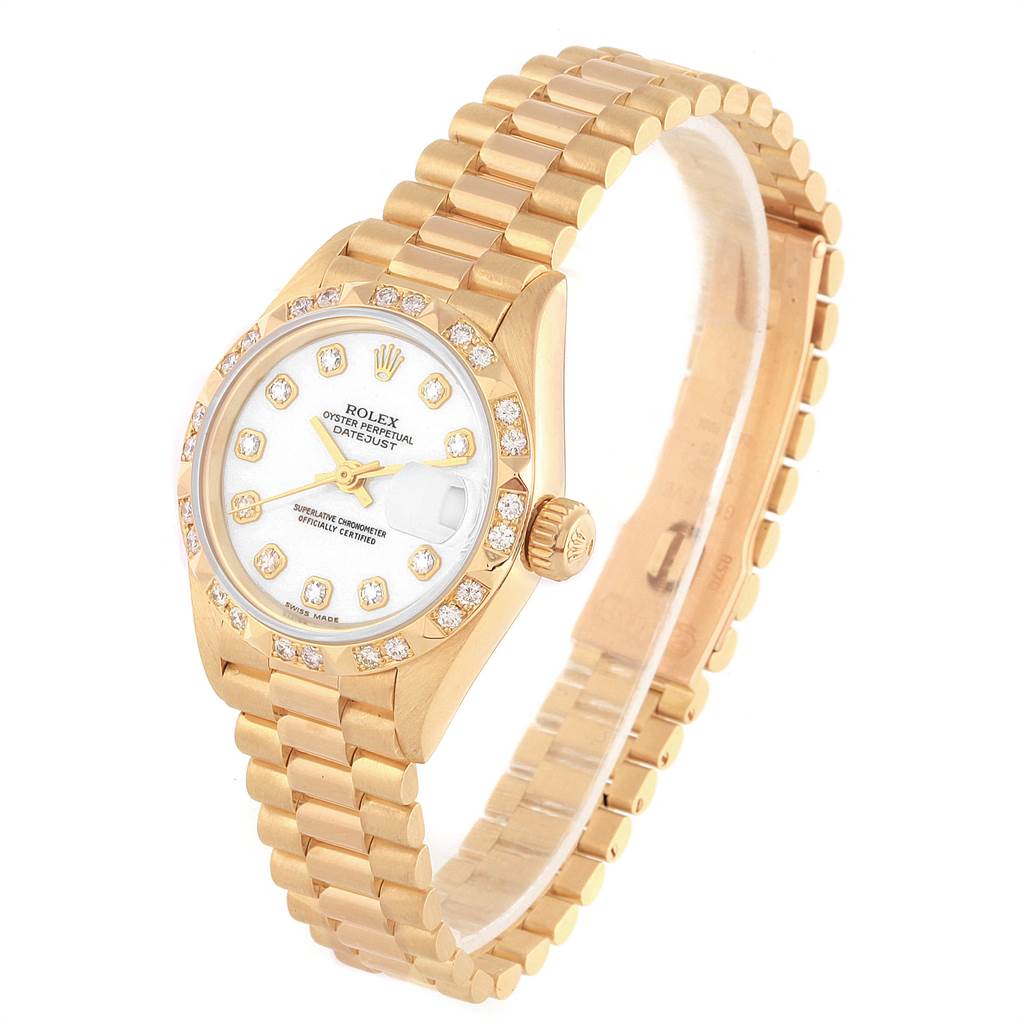 The Rolex President 69258 Women
s Yellow Gold White Dial 69258 Women
s Yellow Gold White Dial model watch is shown from an angle highlighting its face, bezel, crown, and bracelet.