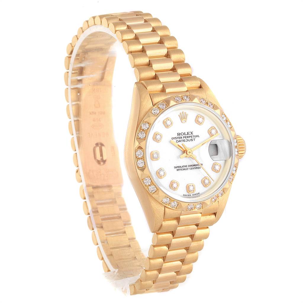 This image shows a side-angle view of the Rolex President 69258 Women
s Yellow Gold White Dial 69258 Women
s Yellow Gold White Dial model watch, highlighting its gold bracelet, dial, and diamond-studded bezel.