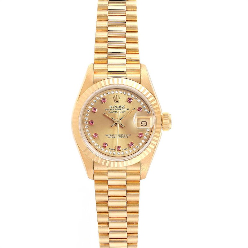 Rolex President Yellow Gold String Diamond Rubies Ladies Watch 69178 SwissWatchExpo