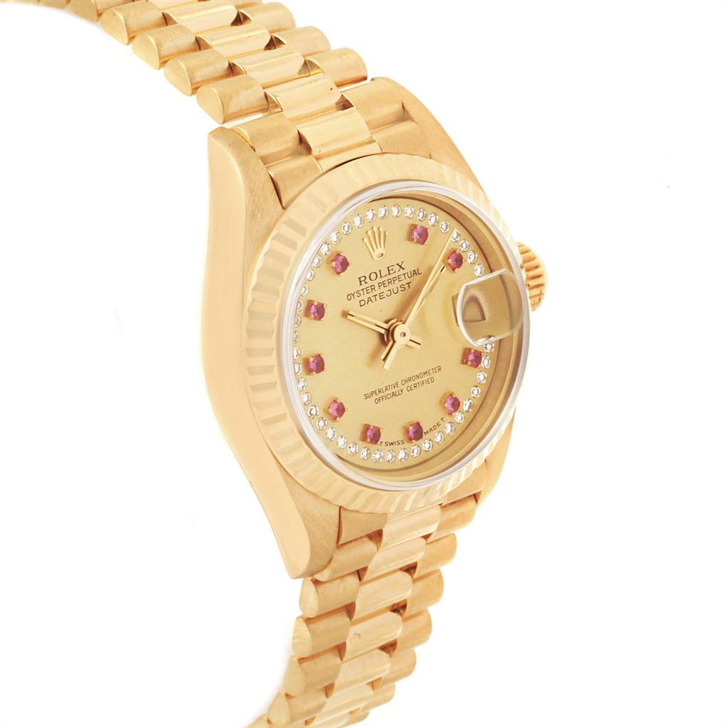 The image shows a Rolex President 69178 Women's Yellow Gold Champagne Dial 69178 Women's Yellow Gold Champagne Dial model watch, viewed at a side angle highlighting the face, bracelet, and crown.