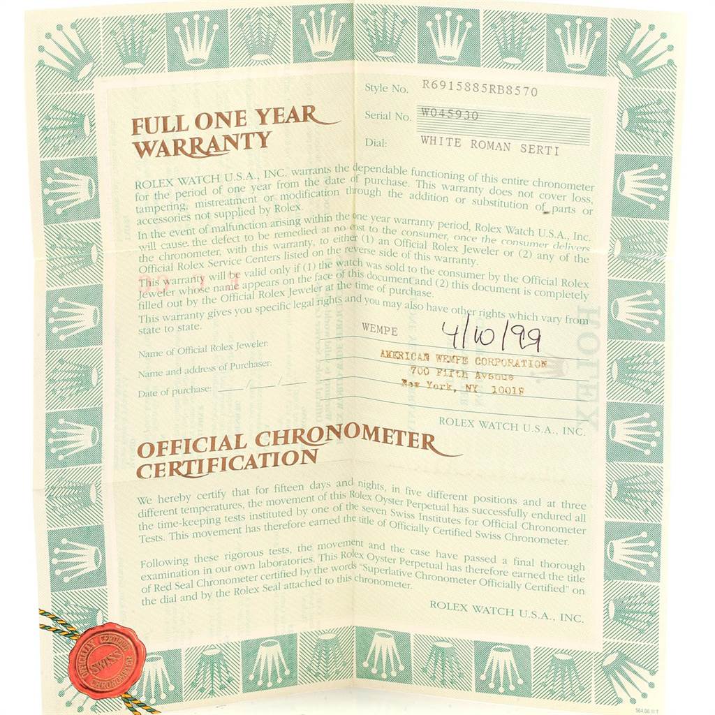 This image shows the warranty and certification paperwork for a Rolex President 69158 Women
s Yellow Gold White Dial 69158 Women
s Yellow Gold White Dial model watch.