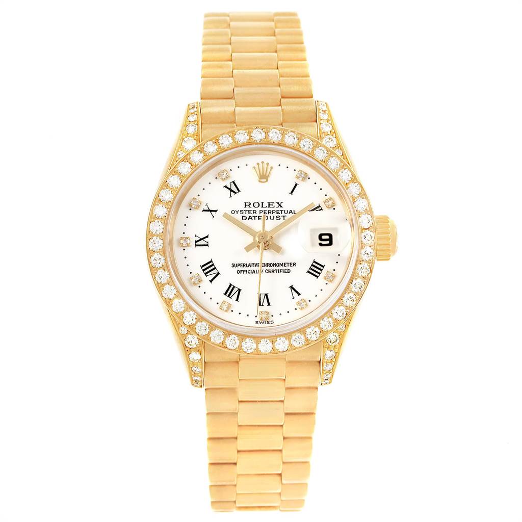 This image shows a Rolex President 69158 Women
s Yellow Gold White Dial 69158 Women
s Yellow Gold White Dial model watch from a straight-on angle, highlighting the face, bezel, and bracelet.