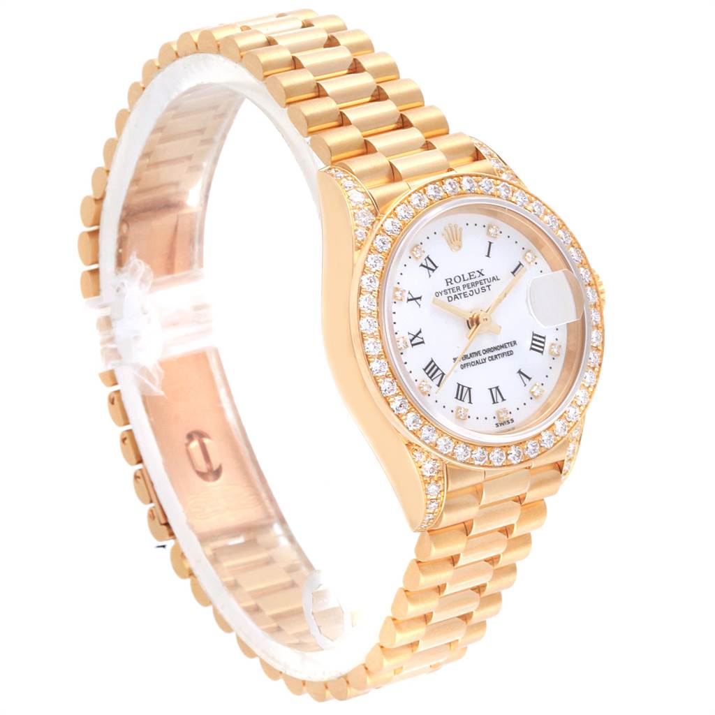The image shows a Rolex President 69158 Women
s Yellow Gold White Dial 69158 Women
s Yellow Gold White Dial model watch at a slight angled side view, displaying the face, bezel, and gold bracelet.