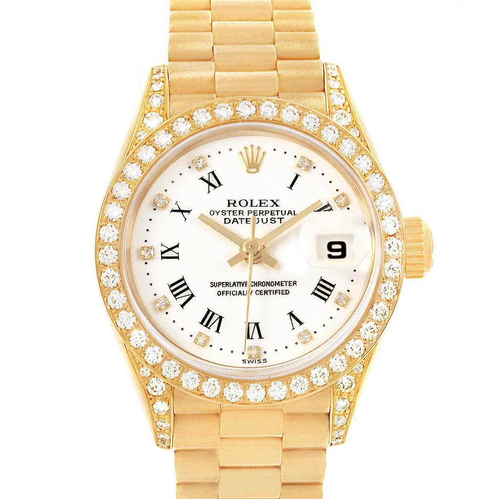 The image shows a front view of a Rolex President 69158 Women
s Yellow Gold White Dial 69158 Women
s Yellow Gold White Dial model watch, featuring a diamond bezel and bracelet.