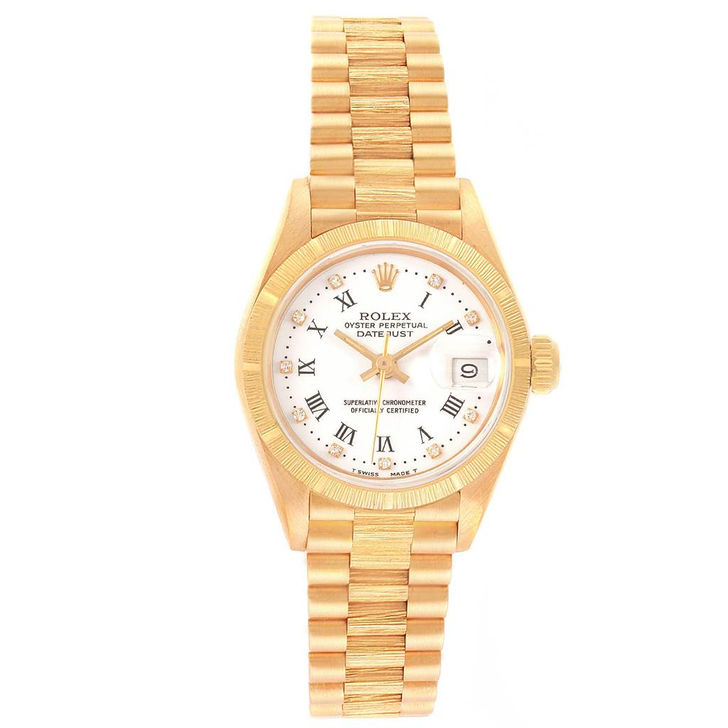 This image shows a frontal view of a Rolex President 69278 Women
s Yellow Gold White Dial 69278 Women
s Yellow Gold White Dial model watch, displaying its dial, case, and bracelet.