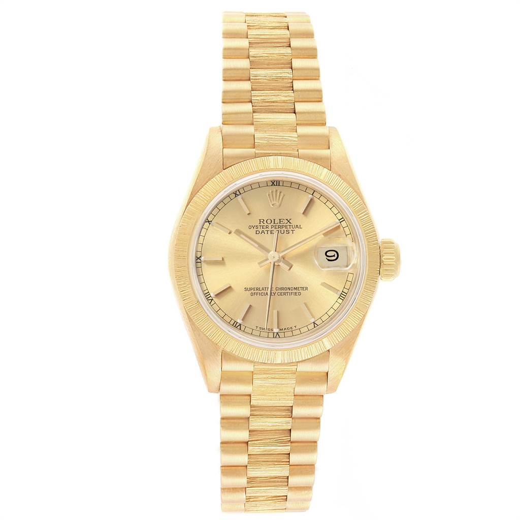 The Rolex President 69278 Women
s Yellow Gold Champagne Dial 69278 Women
s Yellow Gold Champagne Dial model watch is shown from a top-down angle, displaying the face, bezel, crown, and bracelet.