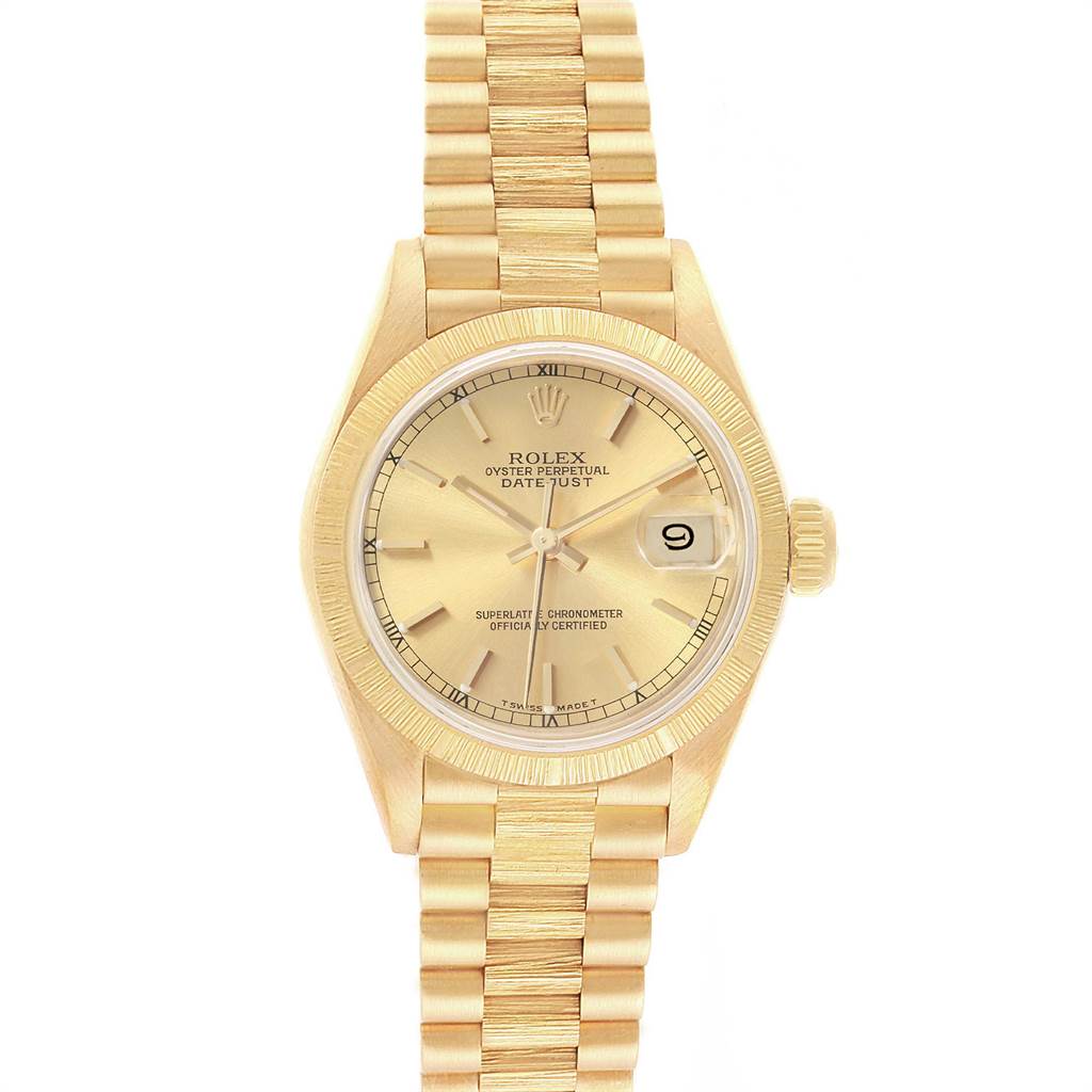This Rolex President 69278 Women
s Yellow Gold Champagne Dial 69278 Women
s Yellow Gold Champagne Dial watch is shown from a top-down angle, displaying the dial, bezel, crown, and bracelet.