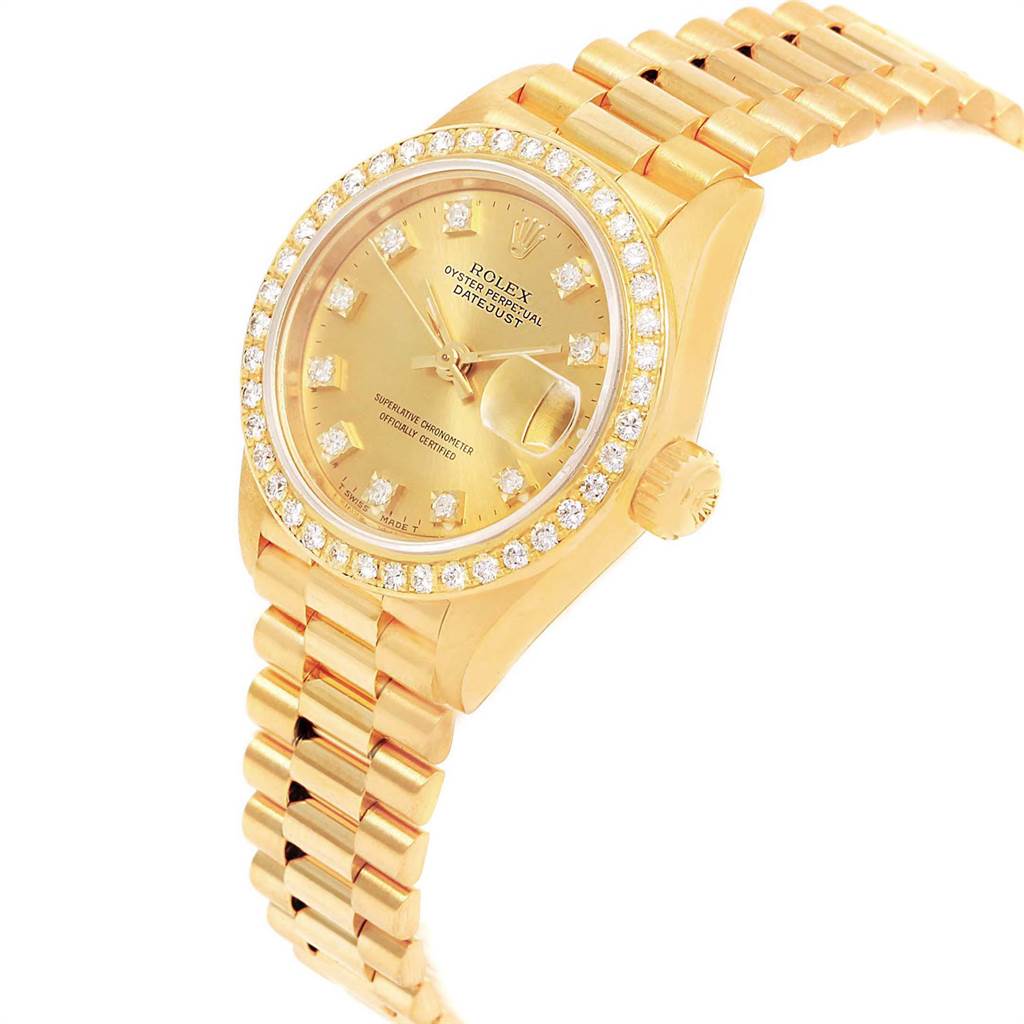 The Rolex President 69138 Women's Yellow Gold Champagne Dial 69138 Women's Yellow Gold Champagne Dial model watch is shown at a three-quarter angle, highlighting the dial, bracelet, bezel, and crown.