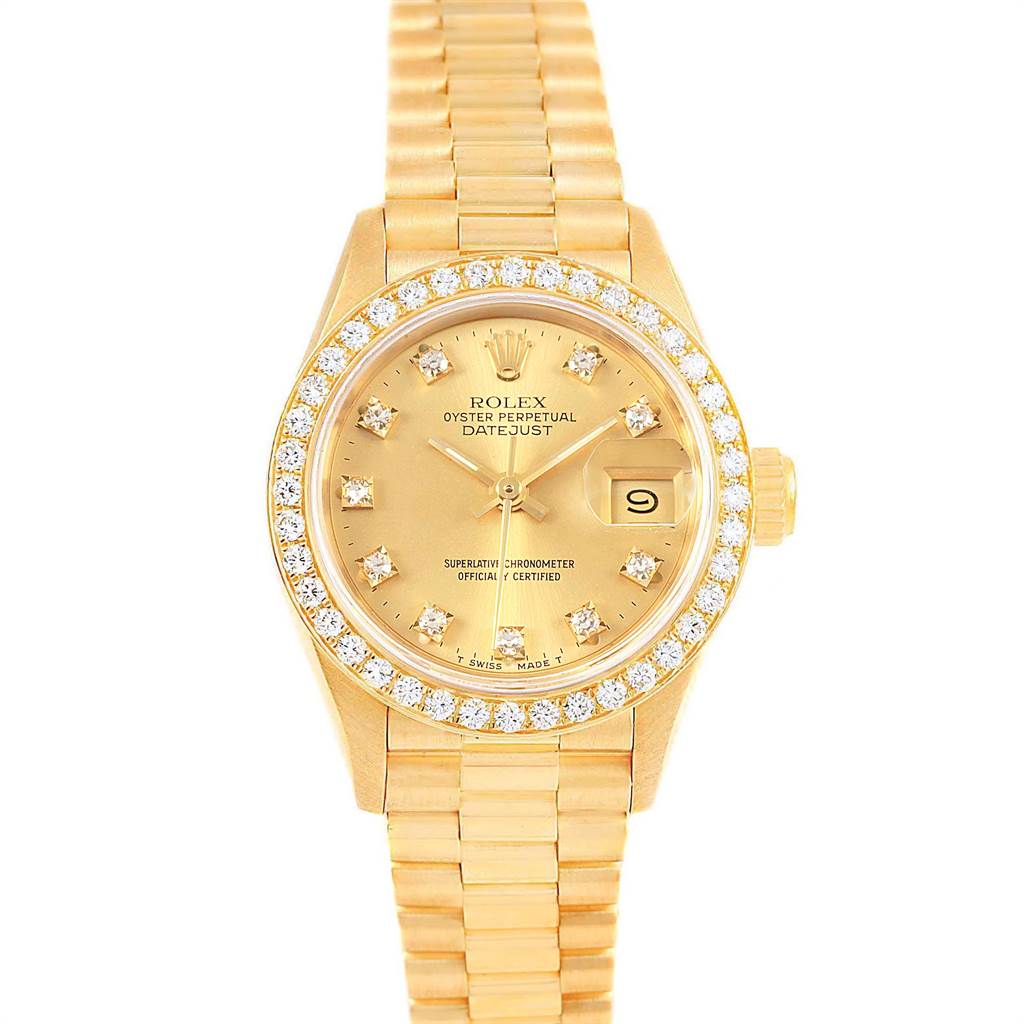 This image shows a front view of a Rolex President 69178 Women
s Yellow Gold Champagne Dial 69178 Women
s Yellow Gold Champagne Dial model watch, highlighting its gold finish, diamond bezel, and date display.