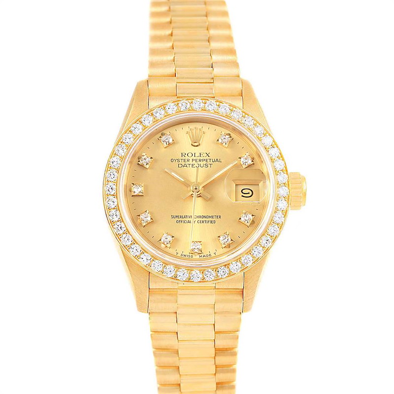 Rolex President Datejust Diamond Dial Bezel 18K Yellow Gold Watch 69178 SwissWatchExpo