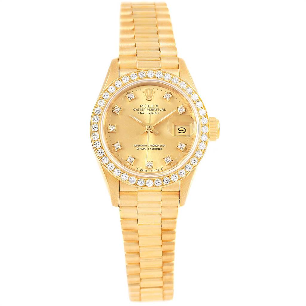 The image shows a frontal view of a Rolex President 69178 Women
s Yellow Gold Champagne Dial 69178 Women
s Yellow Gold Champagne Dial model watch, highlighting its gold bracelet, diamond bezel, and date display.