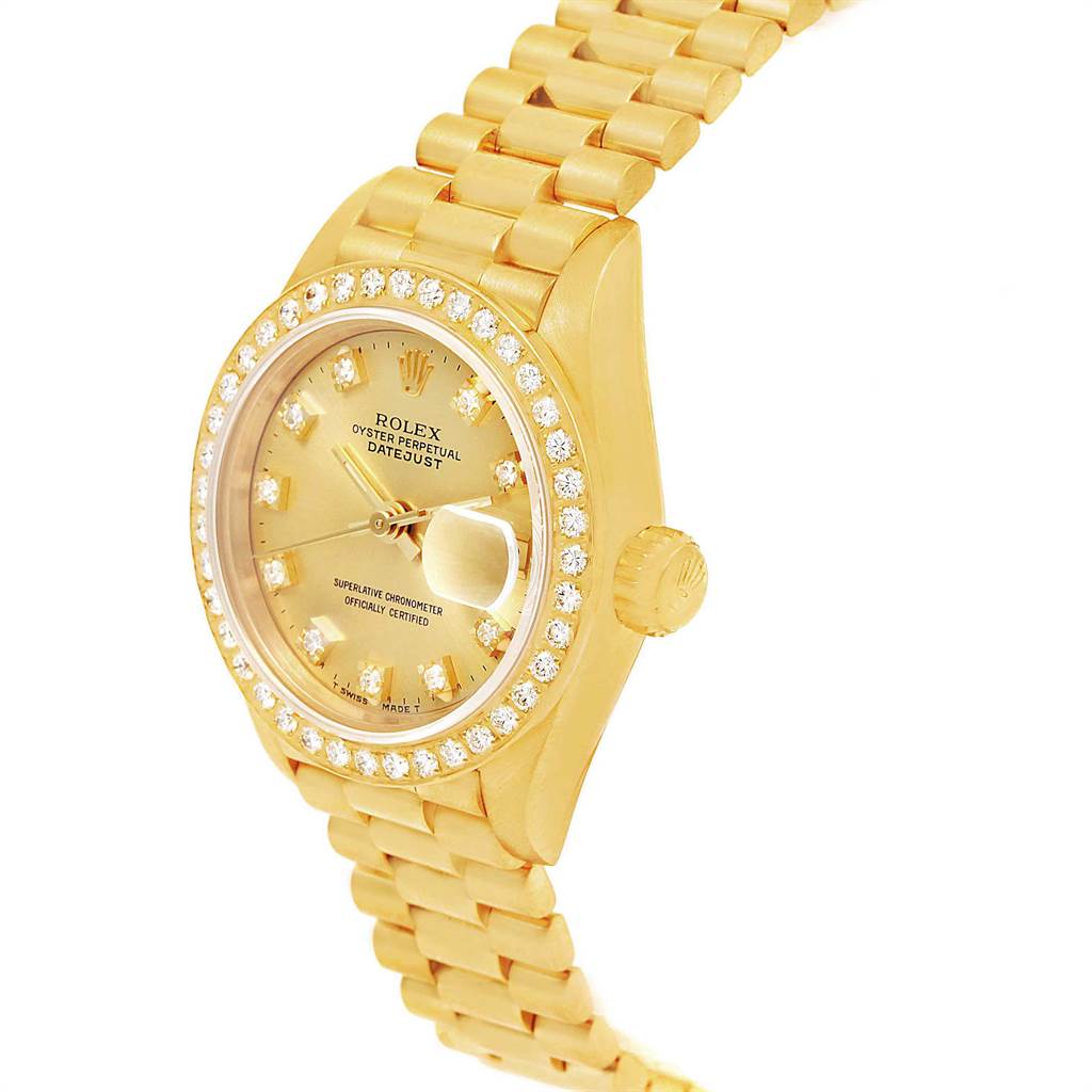 This image shows a Rolex President 69178 Women
s Yellow Gold Champagne Dial 69178 Women
s Yellow Gold Champagne Dial model watch at a side angle, highlighting the dial, bezel, and bracelet.