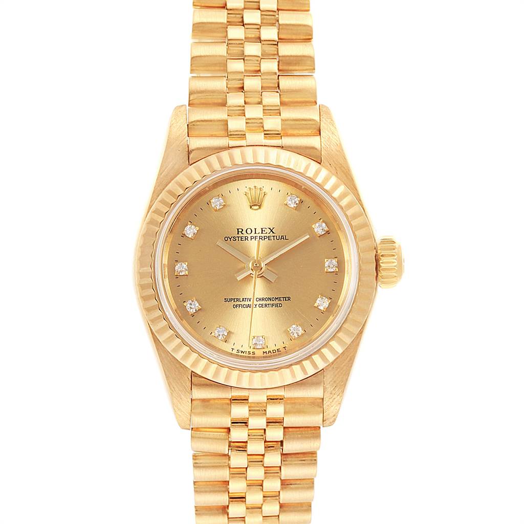 The image shows a front view of the Rolex President 67198 Women
s Yellow Gold Champagne Dial 67198 Women
s Yellow Gold Champagne Dial model watch, displaying the dial, bezel, case, and bracelet.
