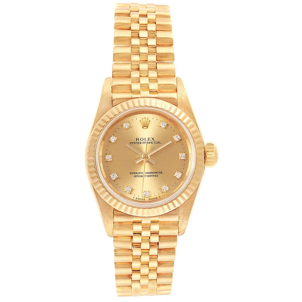 The Rolex President 67198 Women
s Yellow Gold Champagne Dial 67198 Women
s Yellow Gold Champagne Dial model watch is shown from a straight-on angle, displaying the dial, bezel, crown, and bracelet.