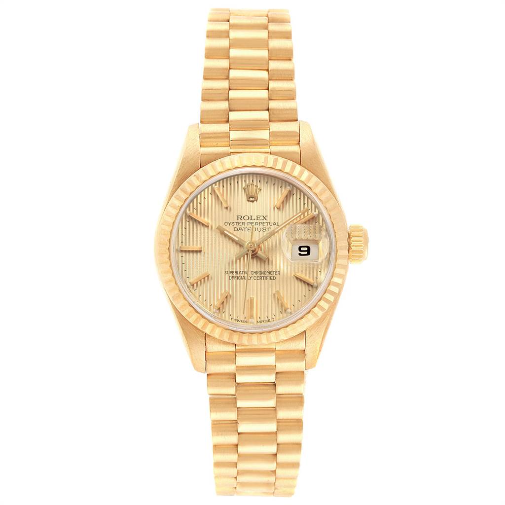 The image shows a frontal view of a Rolex President 69178 Women
s Yellow Gold Champagne Dial 69178 Women
s Yellow Gold Champagne Dial model watch displaying its face, bezel, crown, and bracelet.