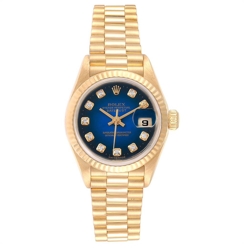 The image shows a Rolex President 79178 Women's Yellow Gold Blue Dial 79178 Women's Yellow Gold Blue Dial model watch from a front angle, revealing its dial, bracelet, and crown.