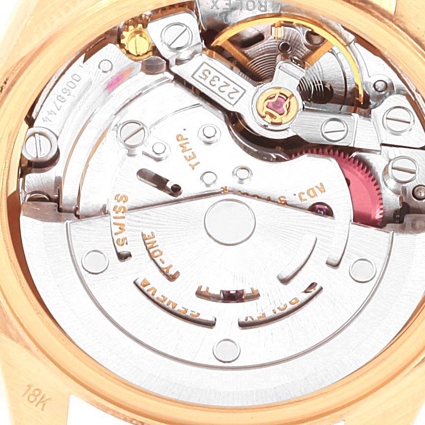 This image shows the movement and internal mechanism of a Rolex President 79178 Women's Yellow Gold Blue Dial 79178 Women's Yellow Gold Blue Dial watch from a close-up angle.