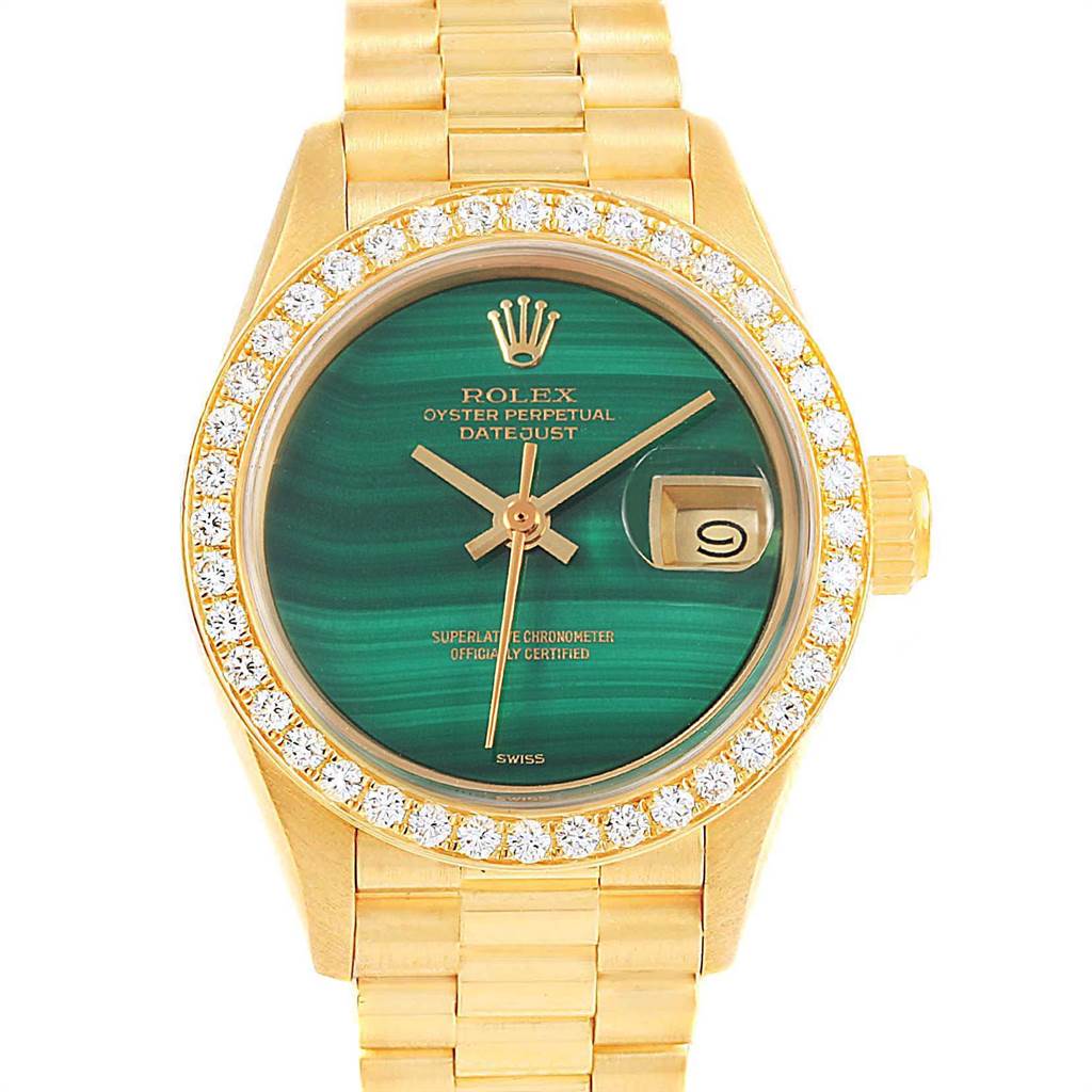 The Rolex President 69178 Women
s Yellow Gold Green Dial 69178 Women
s Yellow Gold Green Dial model watch is shown from the front, highlighting its green dial, gold band, and diamond-encrusted bezel.