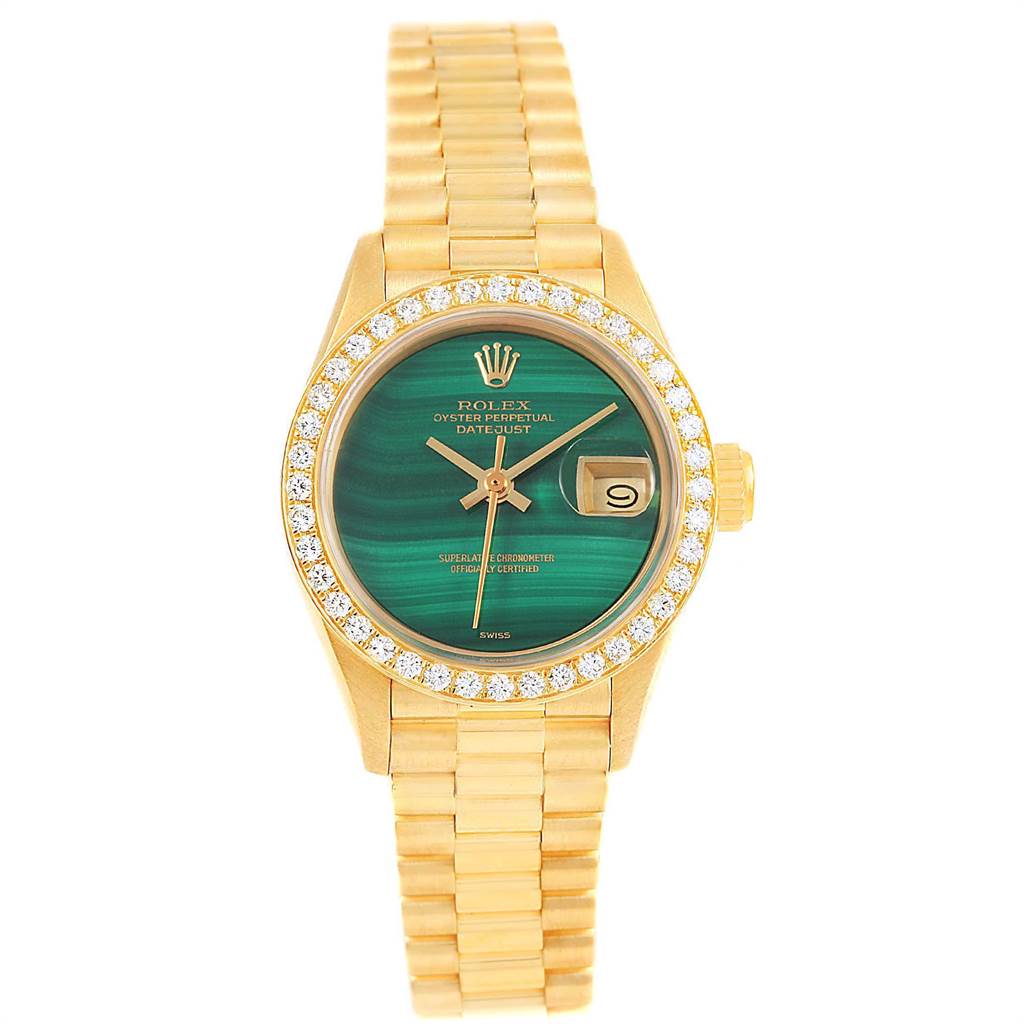 The Rolex President 69178 Women
s Yellow Gold Green Dial 69178 Women
s Yellow Gold Green Dial model is shown from the front, highlighting the green dial, diamond bezel, and gold bracelet.