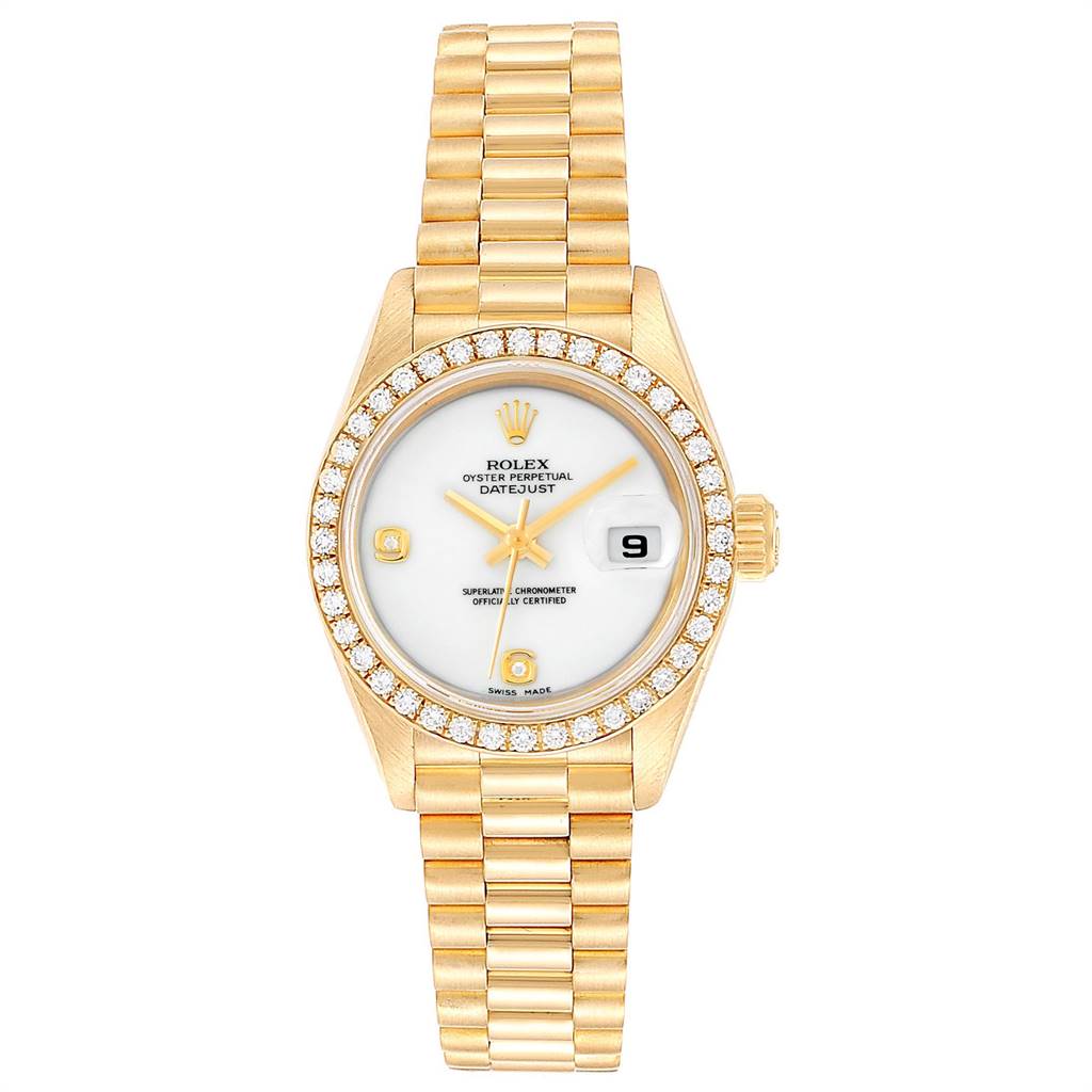 This image shows a frontal view of a Rolex President 69178 Women
s Yellow Gold Black Dial 69178 Women
s Yellow Gold Black Dial model watch, highlighting its gold bracelet, diamond bezel, and white dial.