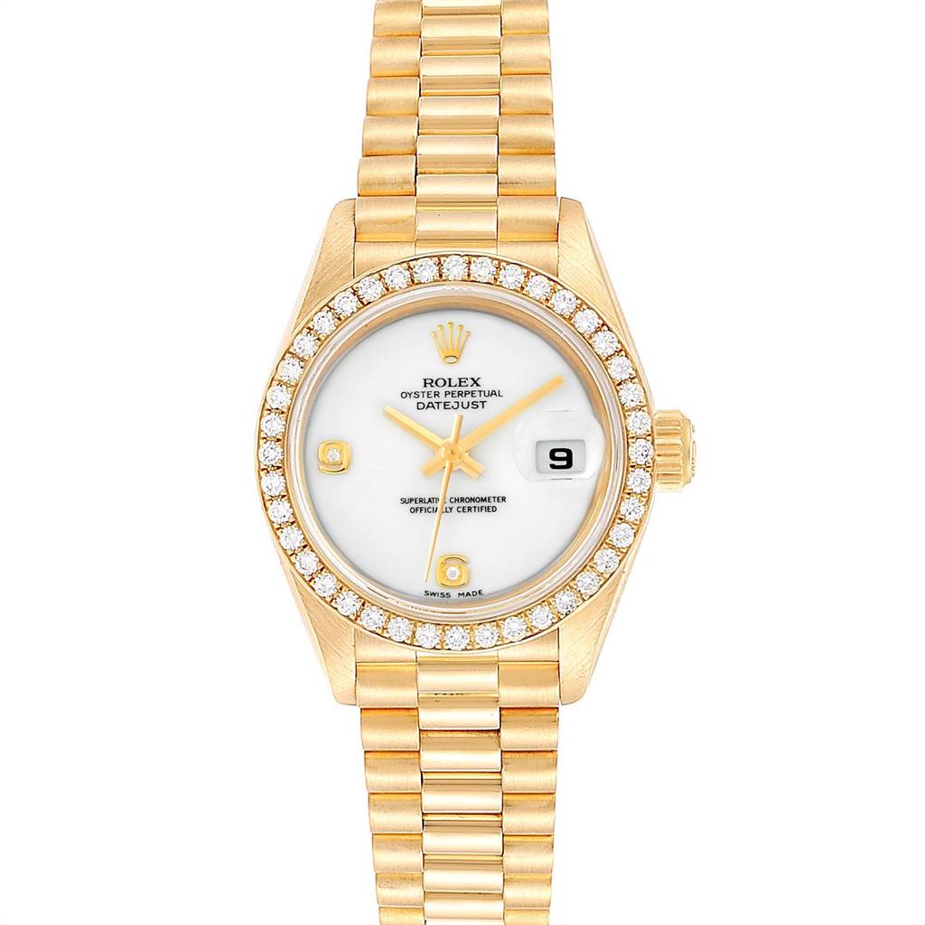 The image shows a Rolex President 69178 Women
s Yellow Gold Black Dial 69178 Women
s Yellow Gold Black Dial Datejust watch front-facing, highlighting the gold accents, diamond bezel, and bracelet.