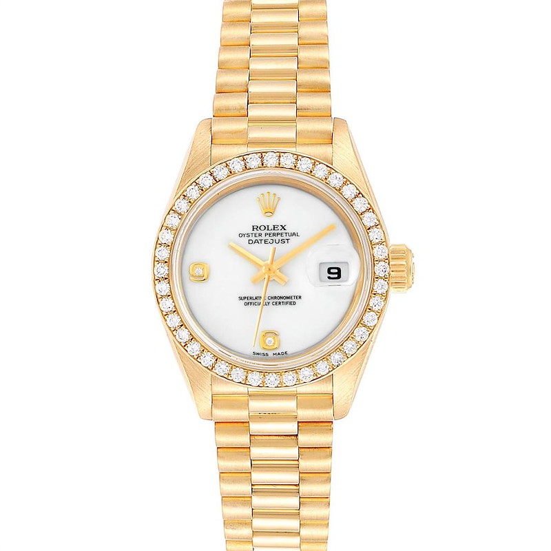 Rolex President Yellow Gold White Onyx Diamond Ladies Watch 69178 SwissWatchExpo
