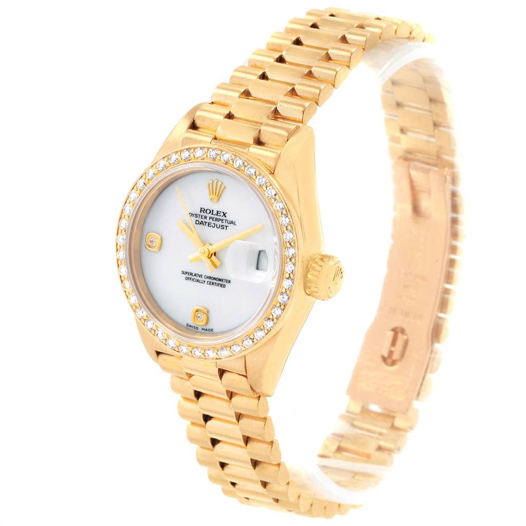The image shows a Rolex President 69178 Women
s Yellow Gold Black Dial 69178 Women
s Yellow Gold Black Dial model watch at a three-quarter angle, highlighting the face, bezel, crown, and bracelet.