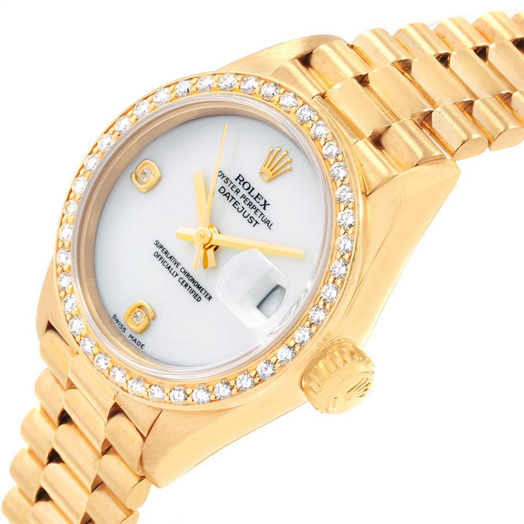The image shows a close-up of a Rolex President 69178 Women
s Yellow Gold Black Dial 69178 Women
s Yellow Gold Black Dial model watch, highlighting the dial, bezel, and part of the bracelet.