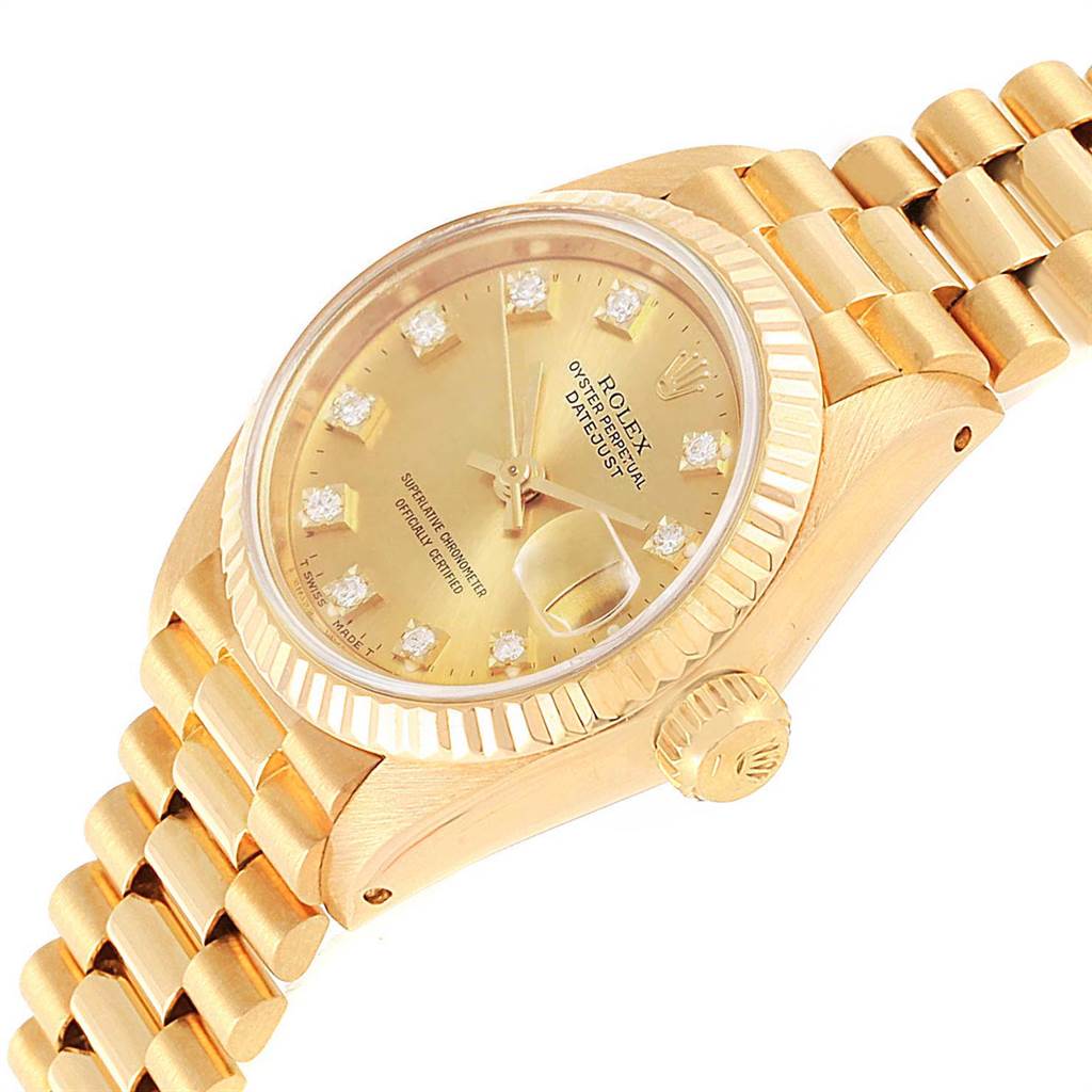The image shows a golden Rolex President 6917 Women's Yellow Gold Champagne Dial 6917 Women's Yellow Gold Champagne Dial model watch at a 45-degree angle, highlighting its dial, crown, and bracelet.
